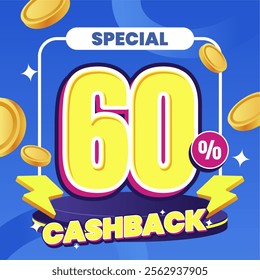 60% Cashback Promotion Design with Bold Typography and Floating Coins on Blue Background