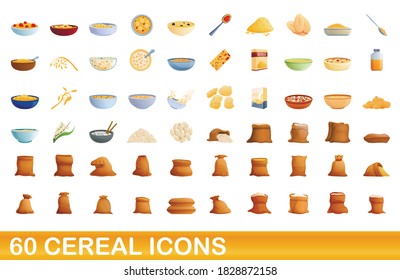 60 cereal icons set. Cartoon illustration of 60 cereal icons vector set isolated on white background