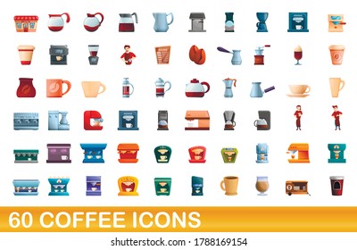 60 coffee icons set. Cartoon illustration of 60 coffee icons vector set isolated on white background