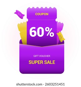 60% coupon promotion sale. Sixty percent off super sale design. Envelope with paper vouchers and gift voucher. Vector illustration. Purple and yellow style.