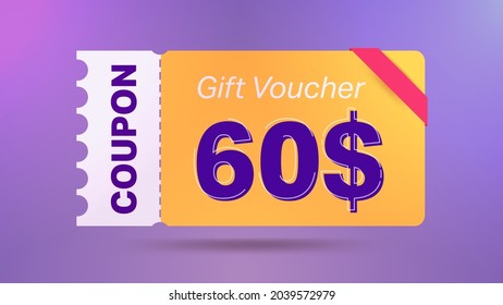 60$ coupon promotion sale for website, internet ads, social media. Big sale and super sale coupon code $60 discount gift voucher with coupon vector illustration summer offer ends weekend holiday