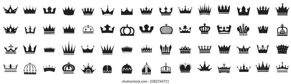 60 crown icons. Set of black crown icons collection