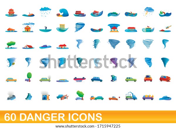 60 danger icons set.\
Cartoon illustration of 60 danger icons vector set isolated on\
white background