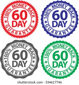 60 day 100% money back guarantee sign set, vector illustration