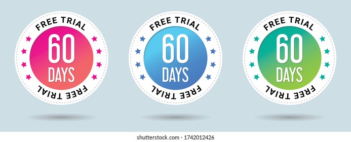 Ilustración vectorial de marca de prueba gratuita de 60 días.  Insignias de juicio gratuitas. Icono de certificado de vector. Combinación de vectores para el certificado en estilo plano. Conjunto de 3 bonitos gradientes de color.