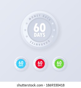 botón de garantía de devolución de dinero de 60 días al estilo 3d. Tarjeta de garantía. Juego de iconos de Dinero Atrás. Ilustración vectorial