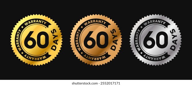 Icono de Garantía de 60 días en círculo dorado con texto circular. Sesenta meses de Garantía en colores dorado, bronce, plateado. Ilustración vectorial