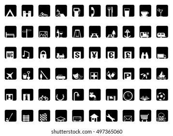 60 different black and white square vector travel icon map markers