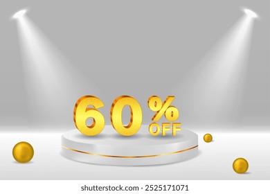 60% discount. Discount. 3D sale symbol with decorative objects, golden balls, podium. 60 percent. Sale banner and poster. Vector illustration.