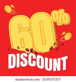 60% discount badge in gold coin style, set against a bold red background with crack and shake effects, creating an eye-catching, energetic look for promotions.