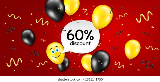 60 % Rabatt. Ballon, Konfetti, Vektorhintergrund. Preisschild für den Verkauf. Sonderangebot-Symbol. Geburtstagsballon, Hintergrund. Discount-Nachricht. Feiern Sie rotes Banner. Vektorgrafik