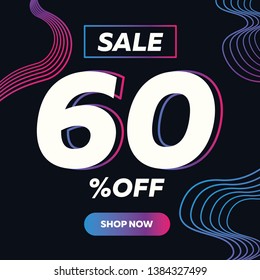 60% discount banner, flyer, poster inspired by 80s disco music, 3d background, neon, dynamic lines, abstraction, online shopping, summer party. Vector illustration