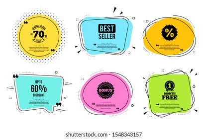 Up to 60% Discount. Best seller, quote text. Sale offer price sign. Special offer symbol. Save 60 percentages. Quotation bubble. Banner badge, texting quote boxes. Discount tag text. Vector