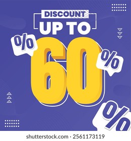 60% Discount Design with Bold Yellow Typography, Playful Percent Signs, and Modern Abstract Patterns. Perfect for grabbing attention and boosting engagement!