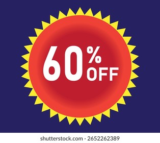 60% de desconto. Desconto em suas vendas. Porcentagem em branco dentro de um círculo vermelho com elementos gráficos amarelos ao redor. Fundo azul.