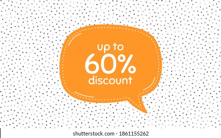 Up to 60% Discount. Orange speech bubble on polka dot pattern. Sale offer price sign. Special offer symbol. Save 60 percentages. Dialogue or thought speech balloon on polka dot background. Vector