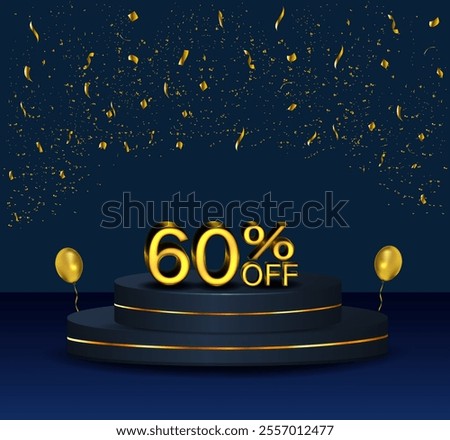 60% discount. podium with golden numbers and confetti. Discount on creative composition. Sale banner and poster. Vector illustration..
