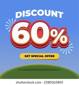 60% Discount Promotional Banner with 3D Text, Fireworks, Blue Gradient Background, and a Special Offer Button on a Green Hill with Eye catching Sale Advertisement Design