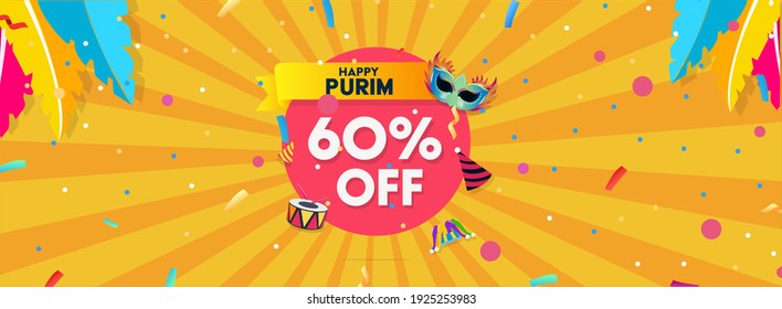 60% discount sale banner at Festival of Happy Purim with festival elements