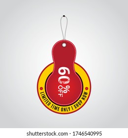 60% discount tag. Isolated vector illustration of red sale tag. Discount offer price tag, vector price discount symbol.