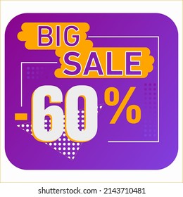 60 % discount vector illustration. Sixty five percent sales promotion. Rounded shape. Purple and orange colors. Gradient background.