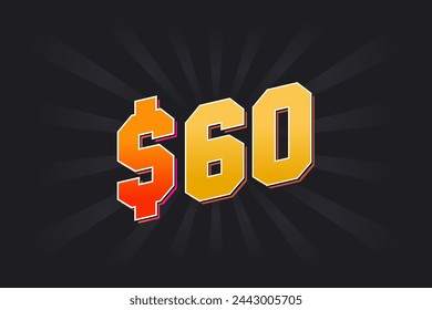 60 Dollar American Money vector text symbol. $60 USD United States Dollar stock vector
