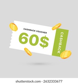 Voucher de regalo de Cupón de 60 dólares, oferta especial de Anuncio de devolución de dinero. Ilustración vectorial
