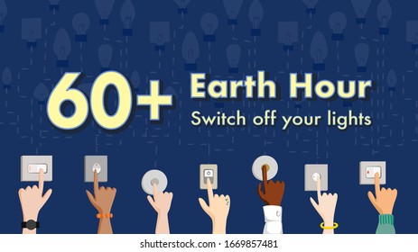 60+ Earth hour 2020 concept : Switch off the light, Multi-ethnic hands turning off the light. Male and female hand, Left-handed and right-handed. Vector illustration, Flat design