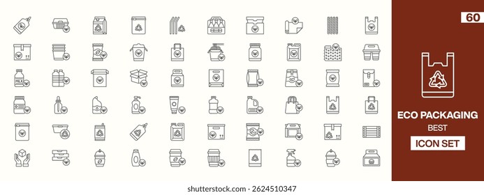 60 Eco Friendly Packaging Icons: Line-Art Illustrations of Bottles, Boxes, Bags, and Containers with Recycling Logos and Leaf Symbols for Sustainable Design and Green Product Branding