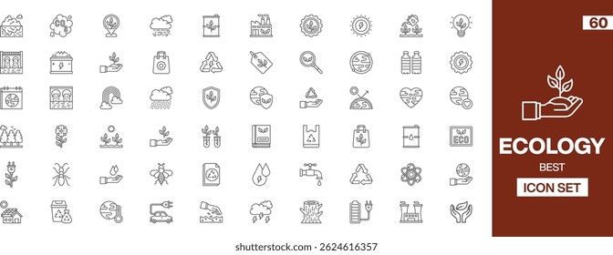 60 Editable Ecology Icons: Environment-Themed Line Art Illustrations Featuring Recycling, CO2 Emissions, Plants, Renewable Energy, and More for Green Initiatives and Sustainable Projects