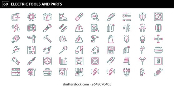 60 Electric Tools and Parts Icons: Essential Visuals for Electrical Repair, DIY, and Professional Use