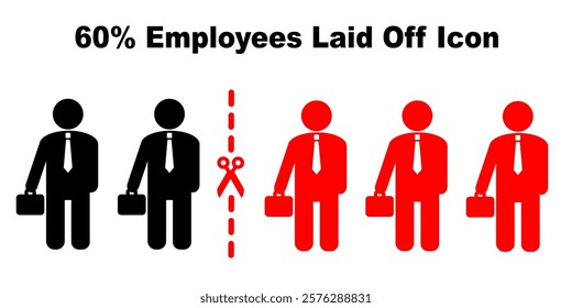 60% employee worker company laid off icon isolated in white background. Downsize organisation business. Clip art silhouette employee fired off from company