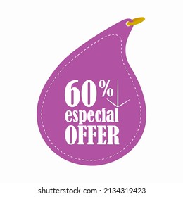 60 % especial offer vector illustration. Sixty percent. Discount tag. Rounded shape. Down arrow. Dotted line. Purple color. White text. White background.