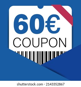 60 Euro Coupon promotion sale for a website, internet ads, social media gift 60 off discount voucher. Big sale and super sale coupon discount. Price Tag Mega Coupon discount with vector illustration.