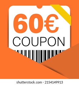 60 Euro Coupon promotion sale for a website, internet ads, social media gift 60 off discount voucher. Big sale and super sale coupon discount. Price Tag Mega Coupon discount with vector illustration.