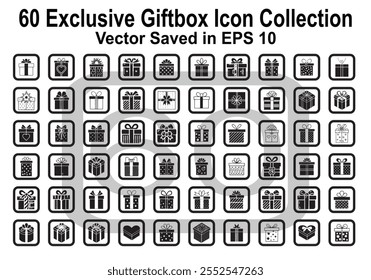 60 Exclusive present gift box icons set collection. Christmas and birthday gift tied with ribbon flat icon illustration vector symbol isolated. Line and silhouette style saved in EPS 10.