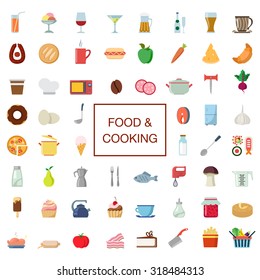 60 flat creative stylish food and cooking icon set. Eat drink cookware kitchenware products electronics. Ice cream wine cocktail beer sausage cheese sushi jam fish. Meal time icons collection.