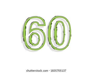 60 grüne Zahl, handgezeichneter Pinselstrich. Comisches Design. Für Design-Elemente, Logo, Kreativposter usw. Vektorgrafik 