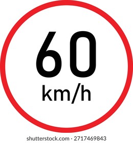 Señal de tráfico de límite de velocidad de 60 km h con círculo rojo sobre fondo blanco: símbolo de regulación de velocidad en carretera, señalización de restricción de velocidad máxima, aviso de seguridad de conducción y reglas de Transporte, ícono de control de velocidad Urbana y de carretera para la gestión del tráfico y la conciencia de seguridad vial.