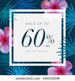 60% lettering handmade with leaves and flower tropical decoration. For Sale discount, Web Promotion, Poster Banner Background, Sign and symbol. Luxury unique style, Green color, Vector illustration