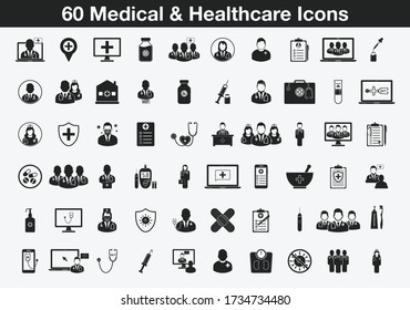 60 Medical and healthcare Icons. Editable Vector EPS Symbol Illustration.