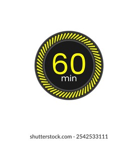 60 min timer. Chronometer vector illustration. Black and Yellow. Sixty minutes.