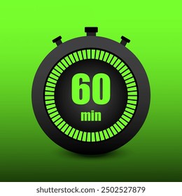 Temporizador de 60 minutos. Fondo de gradiente verde. Icono de cronómetro digital. Cuenta regresiva de Vector.