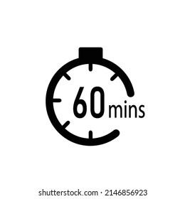 60 minute vector icon, stopwatch symbol, countdown. Isolated illustration with timer.