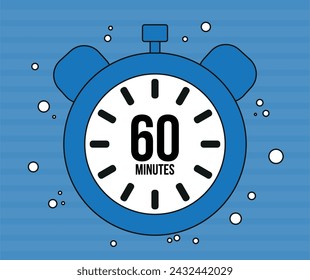 60 Minutes clock. Minute marker alarm isolated on blue background. Time counter clock vector