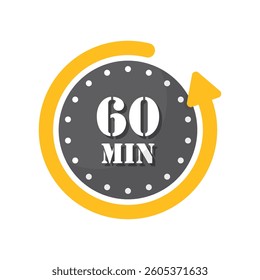 60 minutes on stopwatch icon in flat style. Clock face timer vector illustration on isolated background. Countdown sign business concept.