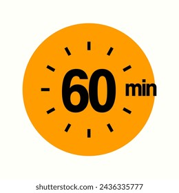 60 Minutes, One Hour Timer Icon, Modern Sans Serif Design. Clock, Stopwatch, Showing Sixty Minutes Label Over Circle, Isolated Vector eps