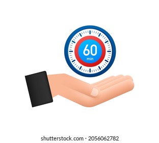 The 60 minutes, stopwatch vector hand icon. Stopwatch icon in flat style, timer on white background. Vector illustration.