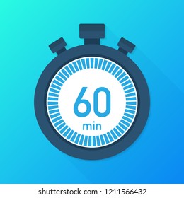 The 60 minutes, stopwatch vector icon. Stopwatch icon in flat style, 60 minutes timer on on color background.  Vector stock illustration.