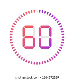 The 60 minutes, stopwatch vector icon, digital timer. Vector digital count down circle board with circle time pie diagram. Watch outline style design, designed for web and app.